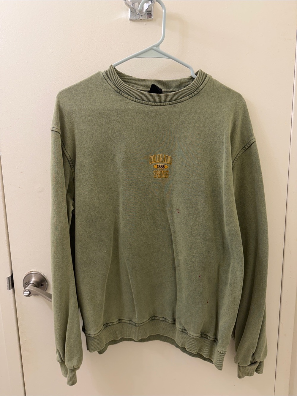 Urban Outfitters Olive Green Crewneck Sweatshirt with Yellow Chest Embroidery